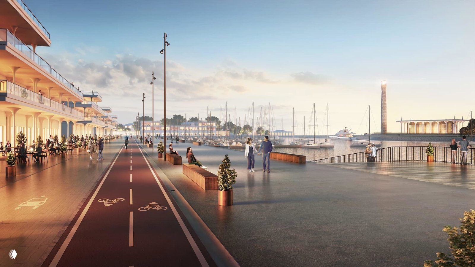 Прогулочная набережная и велодорожка возле марины: пешеходы, кафе, многоярусные корпуса у воды и маяк вдали в перспективе