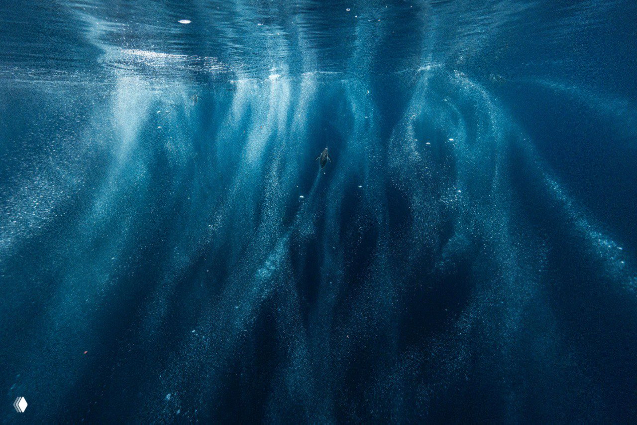 Подводная фотография сверху: пузырящиеся струи и темно-синяя глубина, силуэт ныряющего человека в верхней части кадра, атмосферное море