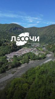 Аэрофотография долины около Сочи с рекой, зелёными склонами и поселением; на изображении белый логотип проекта «Лесочи», рекламный кадр сверху.