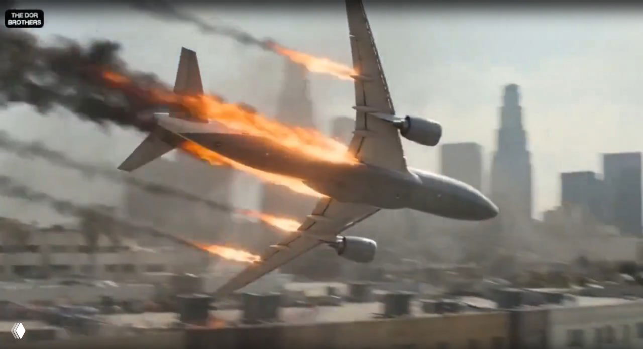 Кадр из фильма The Dor Brothers: пассажирский самолёт в пламени на фоне силуэта города — эффектная сцена, сгенерированная нейросетью.