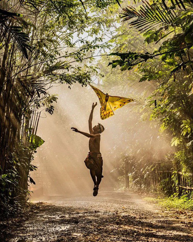 Мальчик прыгает с парящим воздушным змеем среди тропических деревьев, лучи солнца сквозь листву создают волшебную, приподнятую атмосферу кадра.