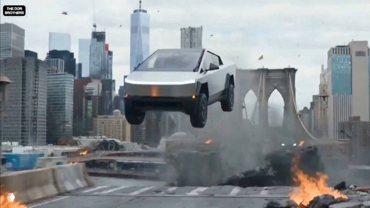 Кадр из фильма The Dor Brothers: летящий электрический пикап над разрушенной городской трассой — фантастическая сцена, созданная нейросетью.