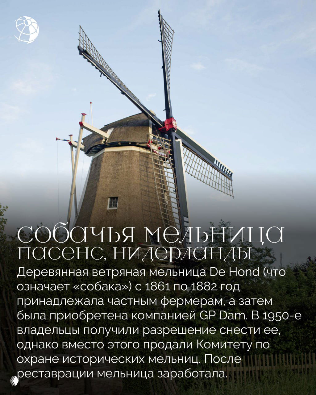 Традиционная деревянная ветряная мельница De Hond в Нидерландах с соломенной крышей и большими лопастями на фоне светлого неба, окружение сельской местности.