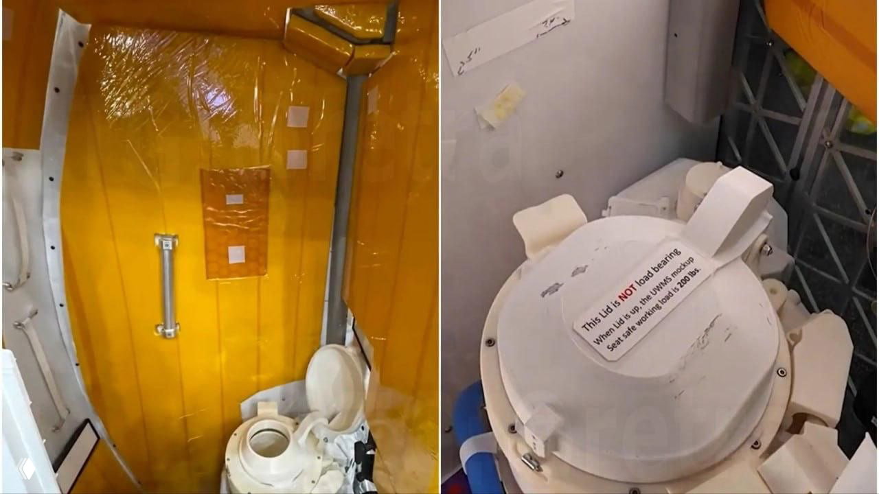 Два ракурса санитарного отсека: жёлтая внутренняя обшивка с рукояткой слева и крупный план контейнера туалета справа с предупреждающей табличкой на крышке.