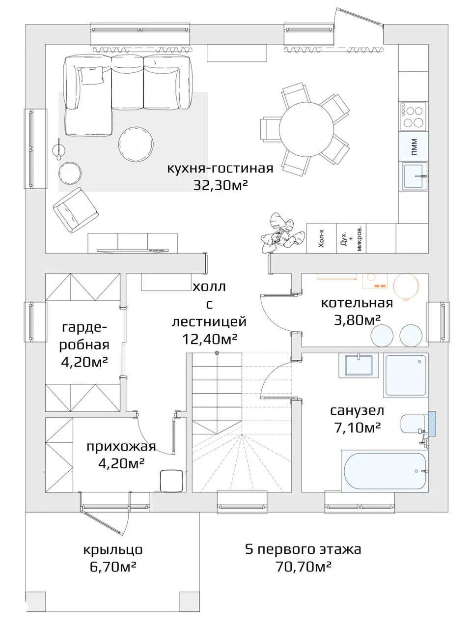 Чёрно‑белый план первого этажа дома с указанием зон: кухня‑гостиная 32,30 м², холл, котельная и санузел, размеры комнат и расположение входа.