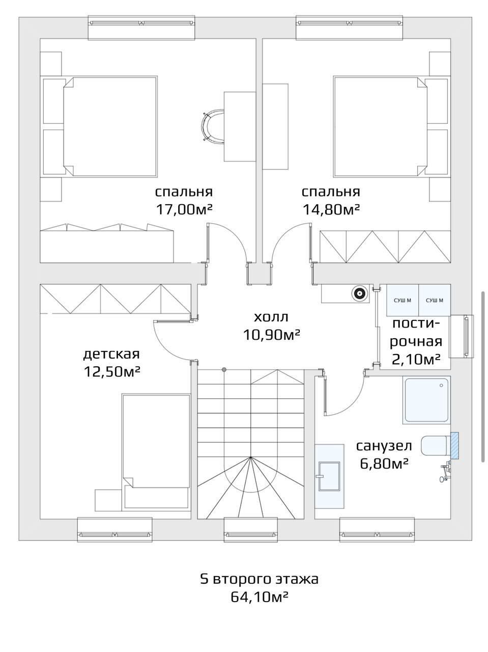 План второго этажа дома: три спальни, детская, постирочная и санузел с указанием площадей каждого помещения в квадратных метрах.
