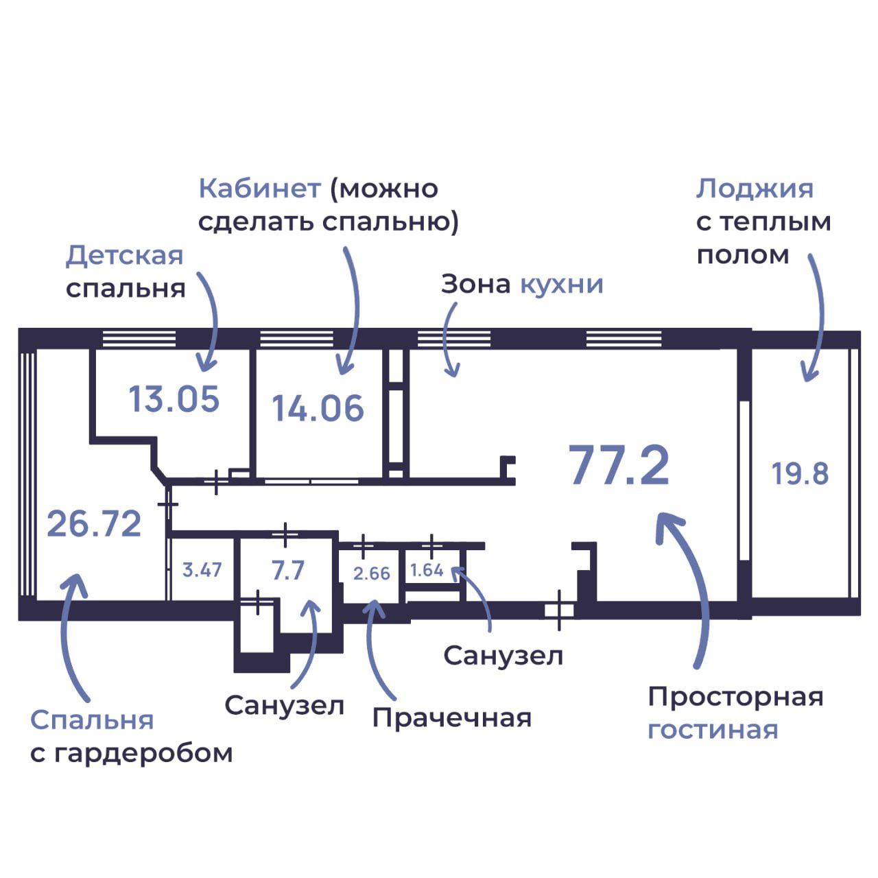 Планировка квартиры 166,3 м² с указанием комнат: спальня с гардеробом, детская, кабинет, просторная гостиная, лоджия и несколько санузлов.