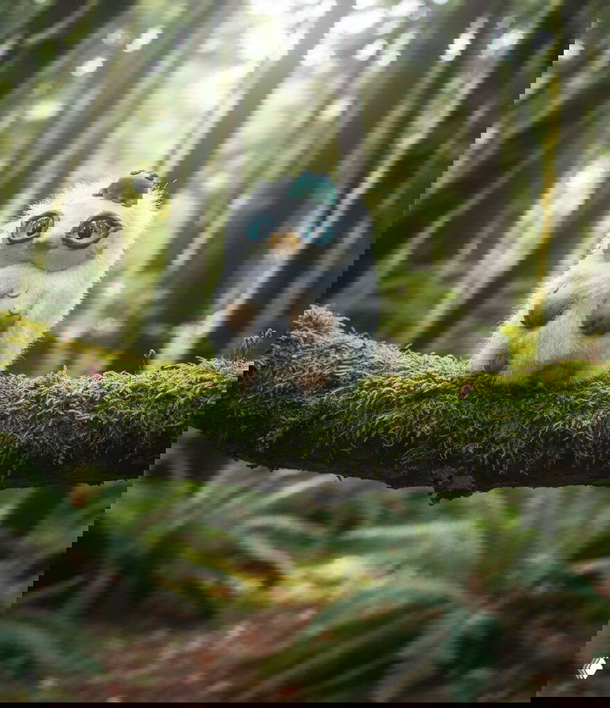 Белая пушистая фигурка-эльф с большими глазами и небольшим аксессуаром на голове, стоит на моховой ветке в глубине тёплого леса.