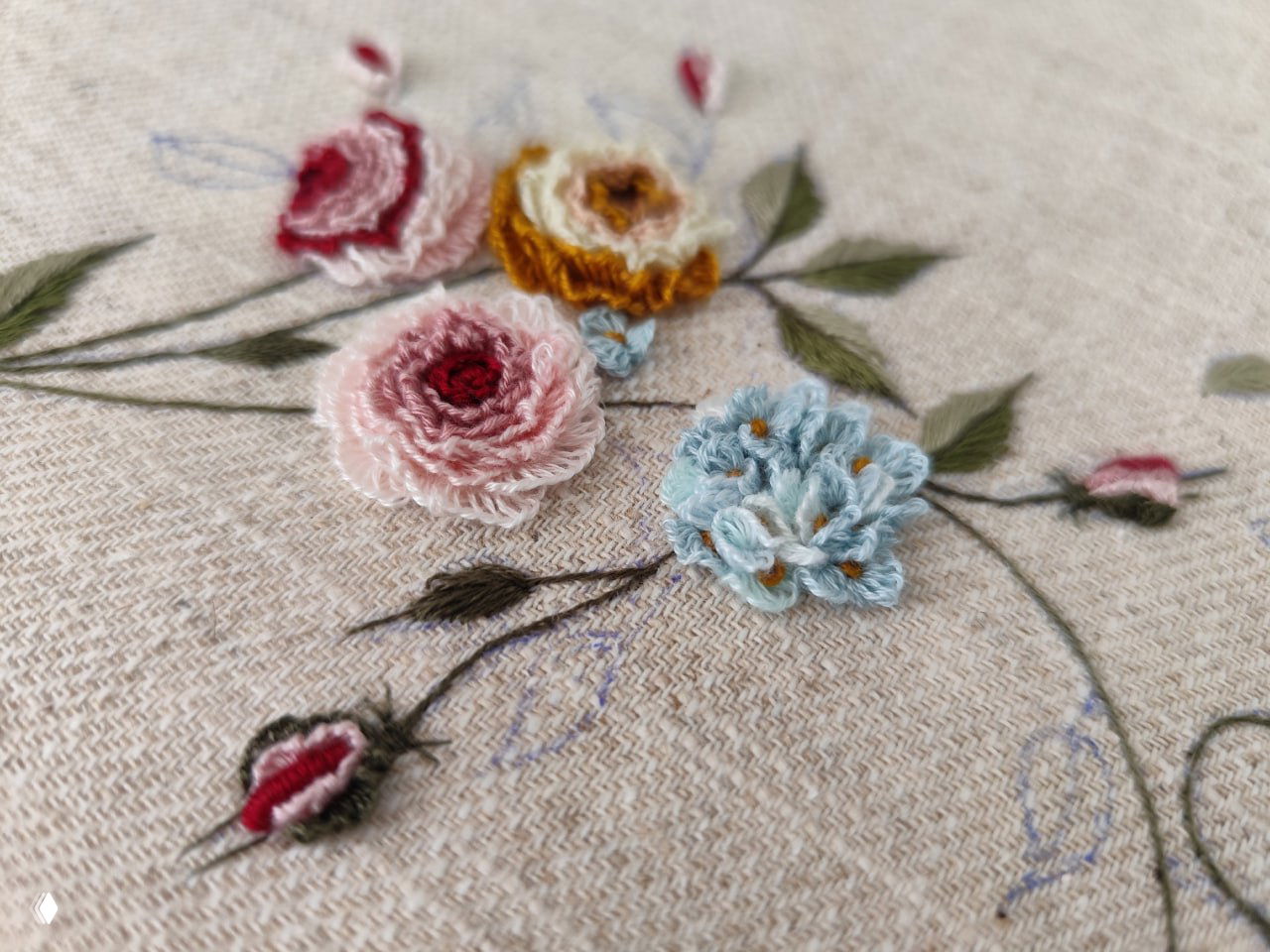 Текстурный кадр вышивки: объёмные цветы нежных и ярких оттенков на льняной ткани, видны стежки и пастельные переходы нитей.