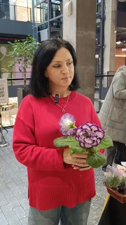 Женщина в красном свитере держит цветущую глоксинию с пурпурно-белыми цветками на фоне внутреннего пространства маркета.