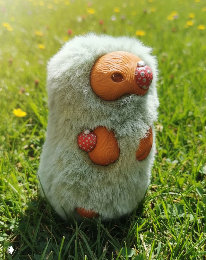 Фотография мягкой фигурки-малыша в светло-зелёном пушистом меху с полимерными детализированными элементами, на фоне зелёного луга и цветов.