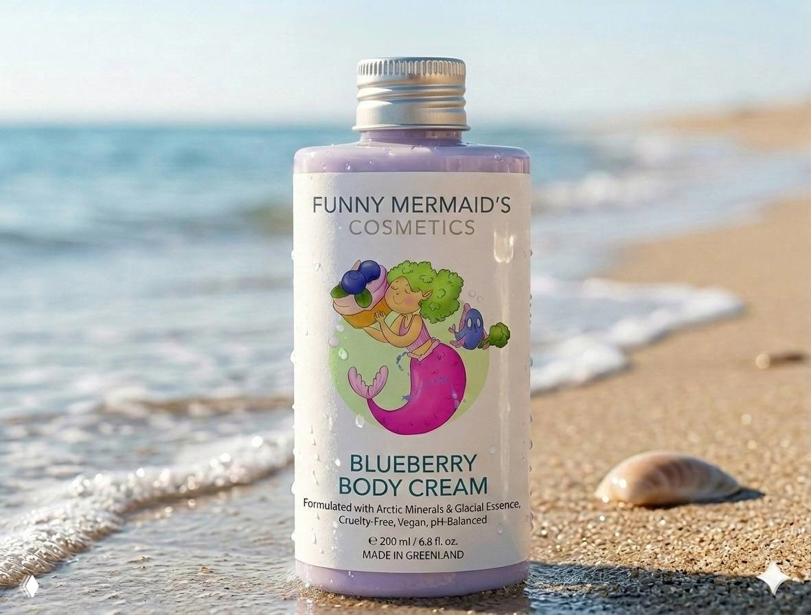 Флакон с пурпурной текстурой и этикеткой «Blueberry Body Cream»; на этикетке изображена мультяшная русалка с ягодами, фон — море.