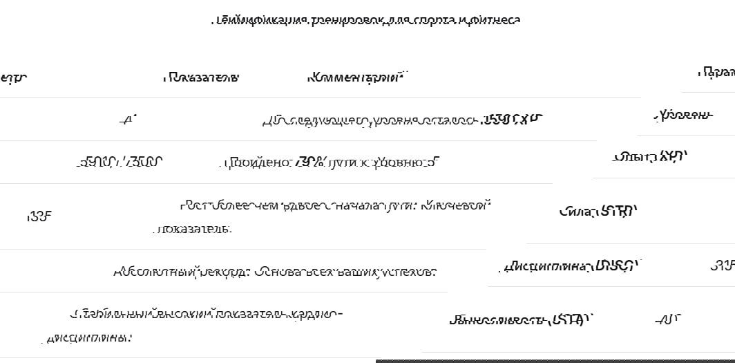 Сводная статистика геймификации: уровень 4, опыт 5910/7500 XP, показатели силы, дисциплины и выносливости в табличном виде.