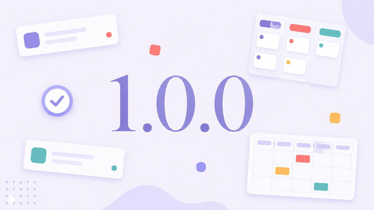 Обложка релиза Aevio 1.0: крупная цифра «1.0» на светлом фоне, вокруг — стилизованные карточки задач, календарь и канбан‑элементы, иллюстрирующие обновление интерфейса.