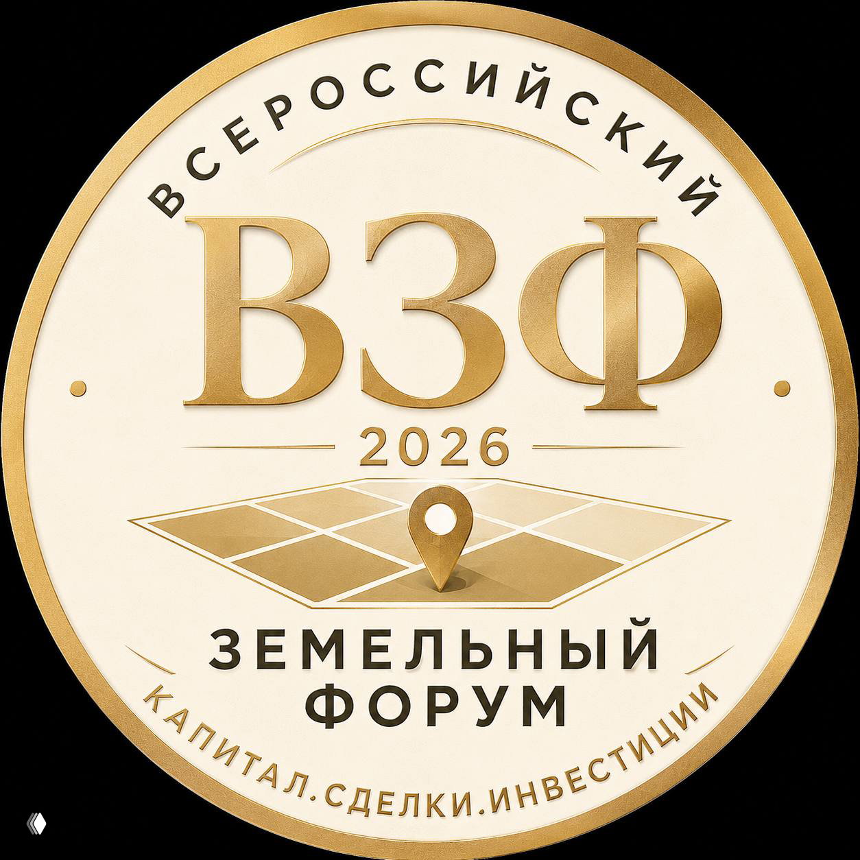 Круглый логотип «ВЗФ 2026» в светло‑кремово‑золотой гамме, крупные золотые буквы, стилизованная карта с маркером и подпись «Земельный форум».