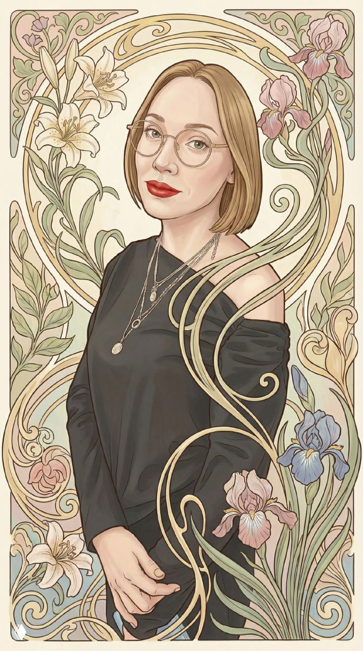 Иллюстрация портретной женщины в стиле ар-нуво: светлые короткие волосы, очки, несколько подвесок на шее и растительный орнамент вокруг, пастельная палитра.