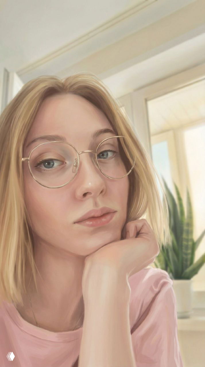 Портретная иллюстрация молодой женщины в круглых очках на фоне окна и комнатного растения, спокойное выражение лица, пастельные мягкие тона.