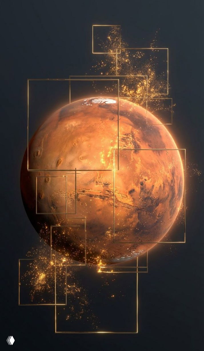 Стилизованное изображение планеты в золотых тонах с геометрическими рамками и искрящимися частицами — космический декоративный арт