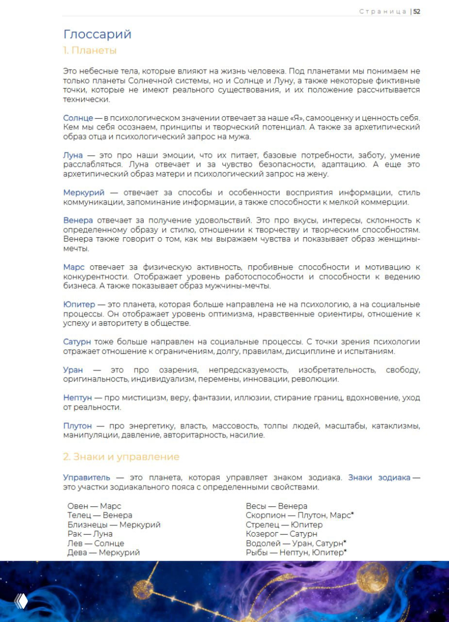Фрагмент PDF: страница «Глоссарий» с описаниями планет и разделом «Знаки и управления», оформленная в синей и фиолетовой гамме для удобства чтения.