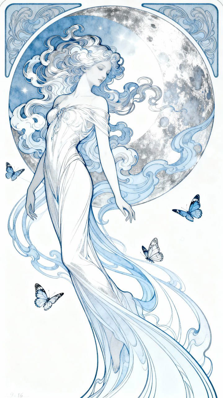 Голубая иллюстрация в ар-нуво: женская фигура на фоне полной луны, воздушные линии и бабочки как символы новаторской и абстрактной мысли.