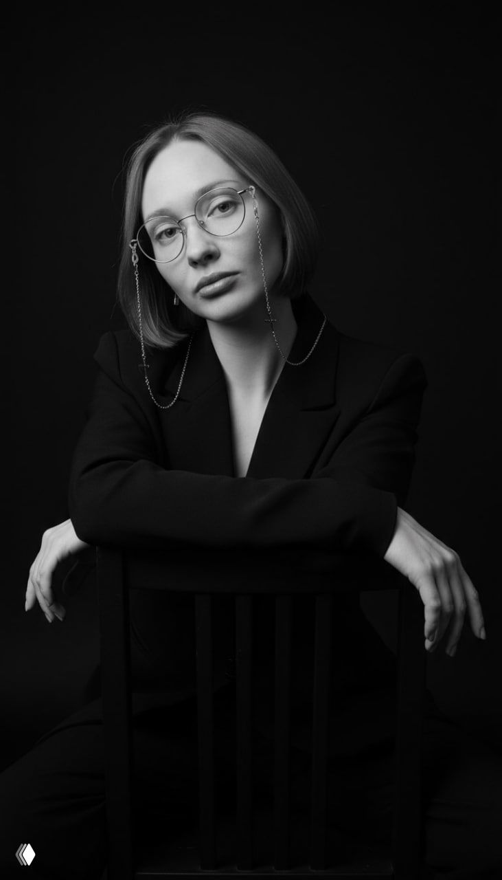 Чёрно-белый портрет женщины в очках и пиджаке на тёмном фоне, спокойное выражение лица, классическая студийная фотография.