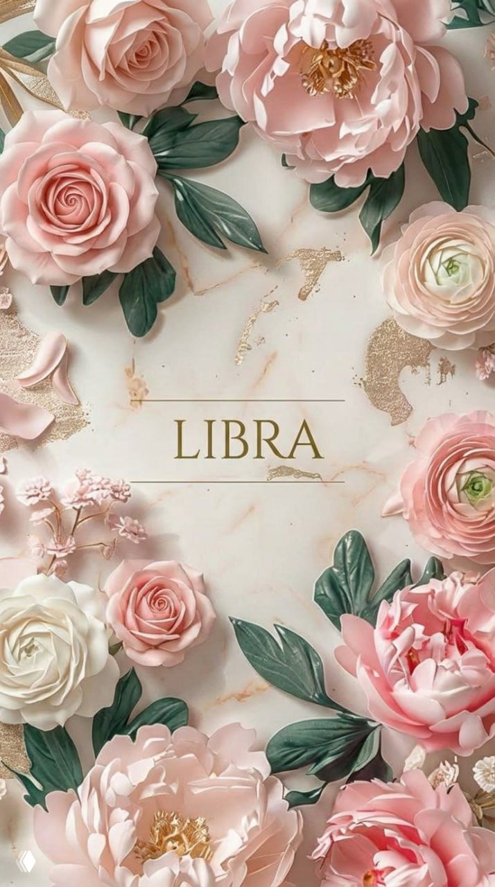 Вертикальная декоративная композиция с нежно-розовыми пионами и золотой надписью «LIBRA» на мраморном фоне с зелёными листьями.