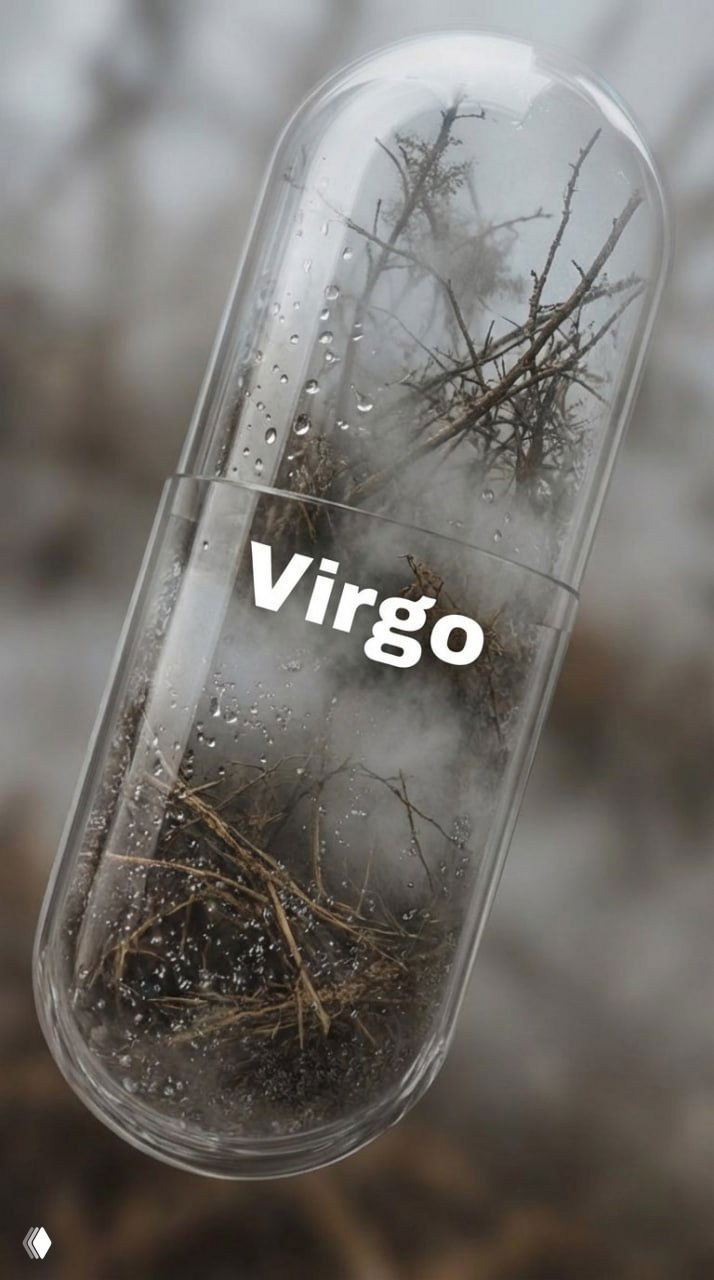 Прозрачная капсула с ветками и мхом и надписью Virgo: туманная, монохромная композиция, передающая сдержанную энергию Девы.