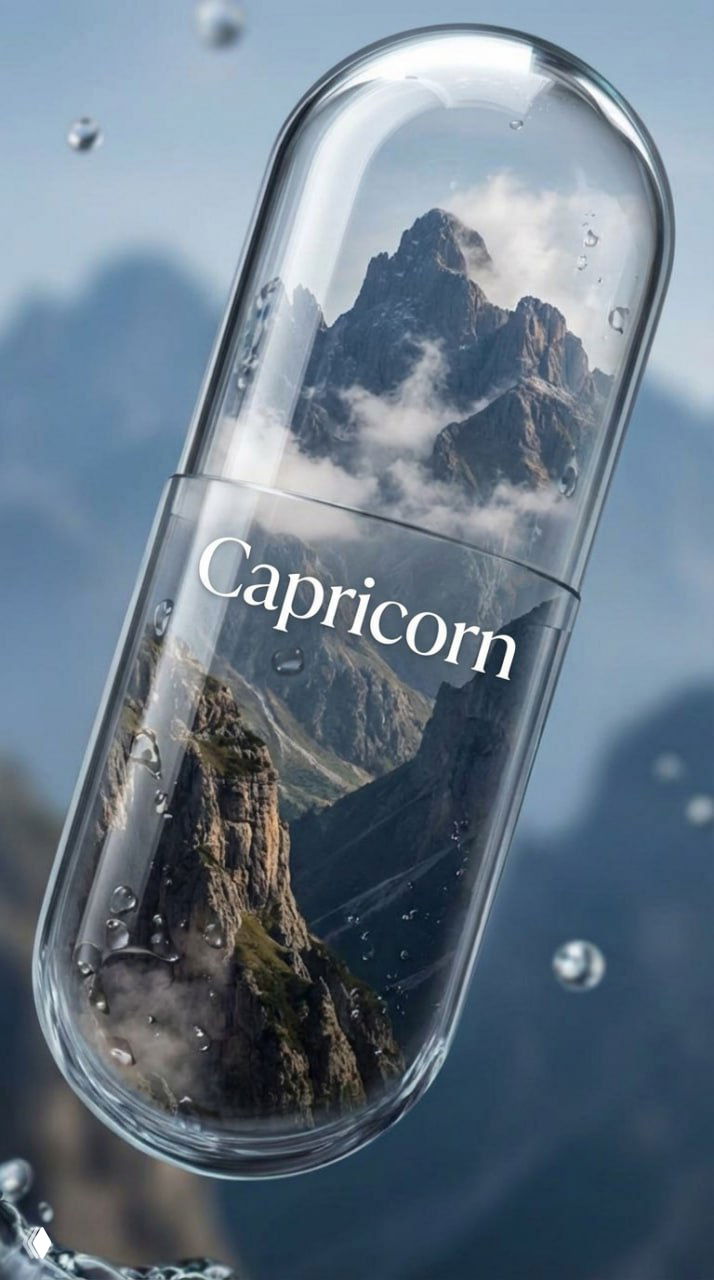 Капсула с горным пейзажем и надписью Capricorn: суровые скалы, облака и капли воды — образ ответственности и устойчивости Козерога.