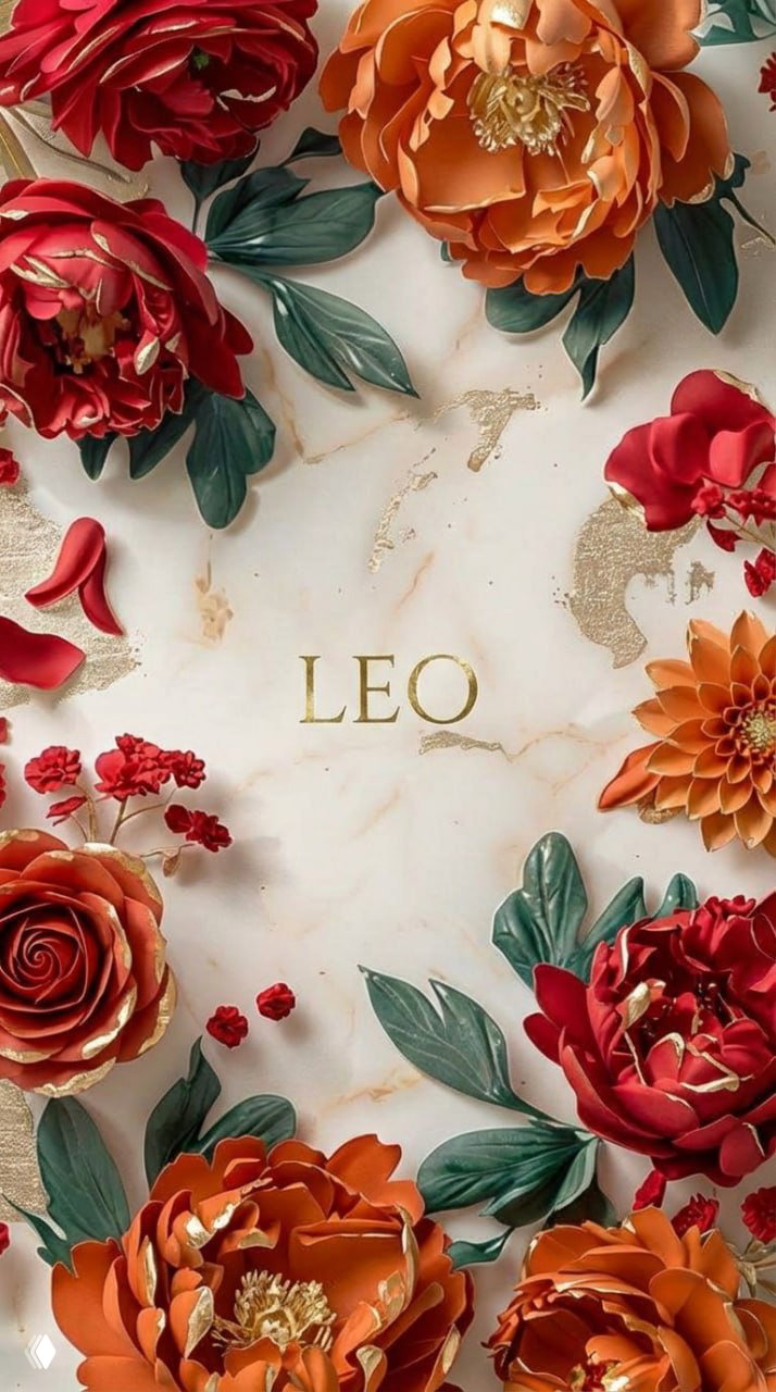 Декоративный коллаж для знака LEO (Лев): красно-оранжевые цветы и листья на мраморе, золотая надпись LEO и роскошная цветовая гамма.
