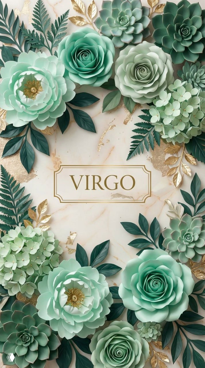 Изображение для знака VIRGO (Дева): мятно-зелёные розы и суккуленты на мраморном фоне с золотой рамкой и надписью VIRGO.