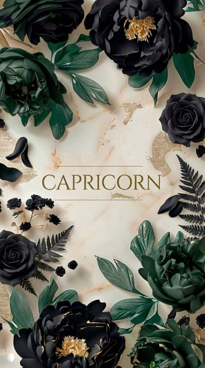 Иллюстрация для знака CAPRICORN (Козерог): глубокие чёрные и зелёные цветы, золотые элементы и надпись CAPRICORN на мраморном фоне.