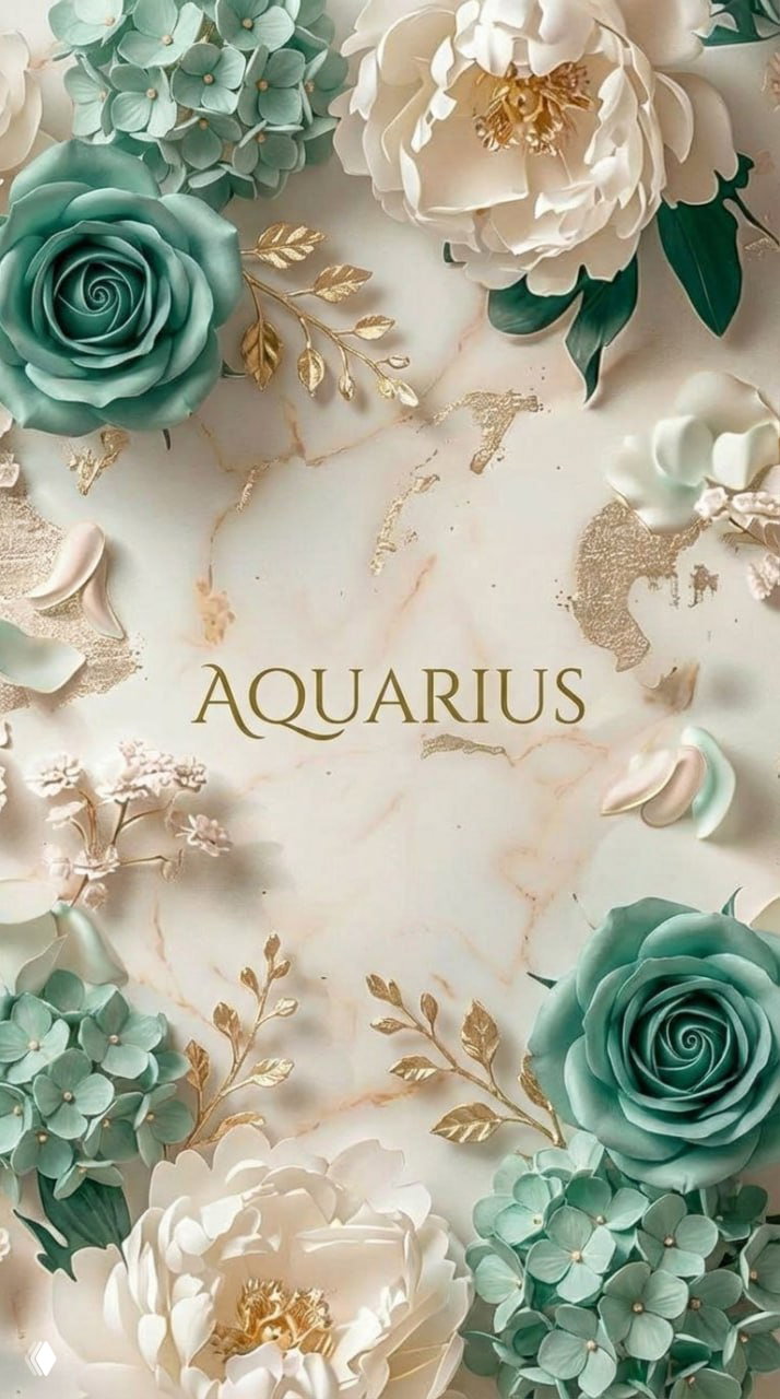 Арт для знака AQUARIUS (Водолей): бледно-зелёные и кремовые цветы, золотые акценты и надпись AQUARIUS на спокойном мраморном фоне.