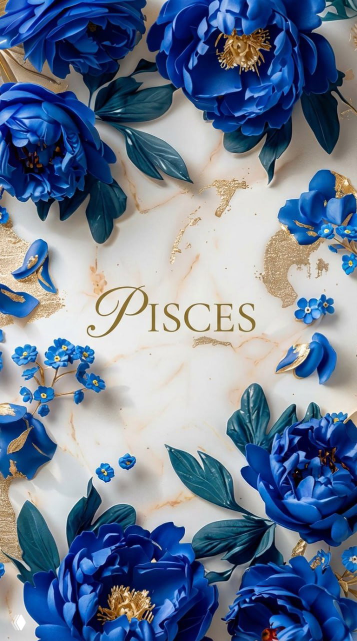 Композиция для знака PISCES (Рыбы): насыщенно-синие цветы и мелкие акценты, золотая надпись PISCES на мраморном фоне с глубиной тона.