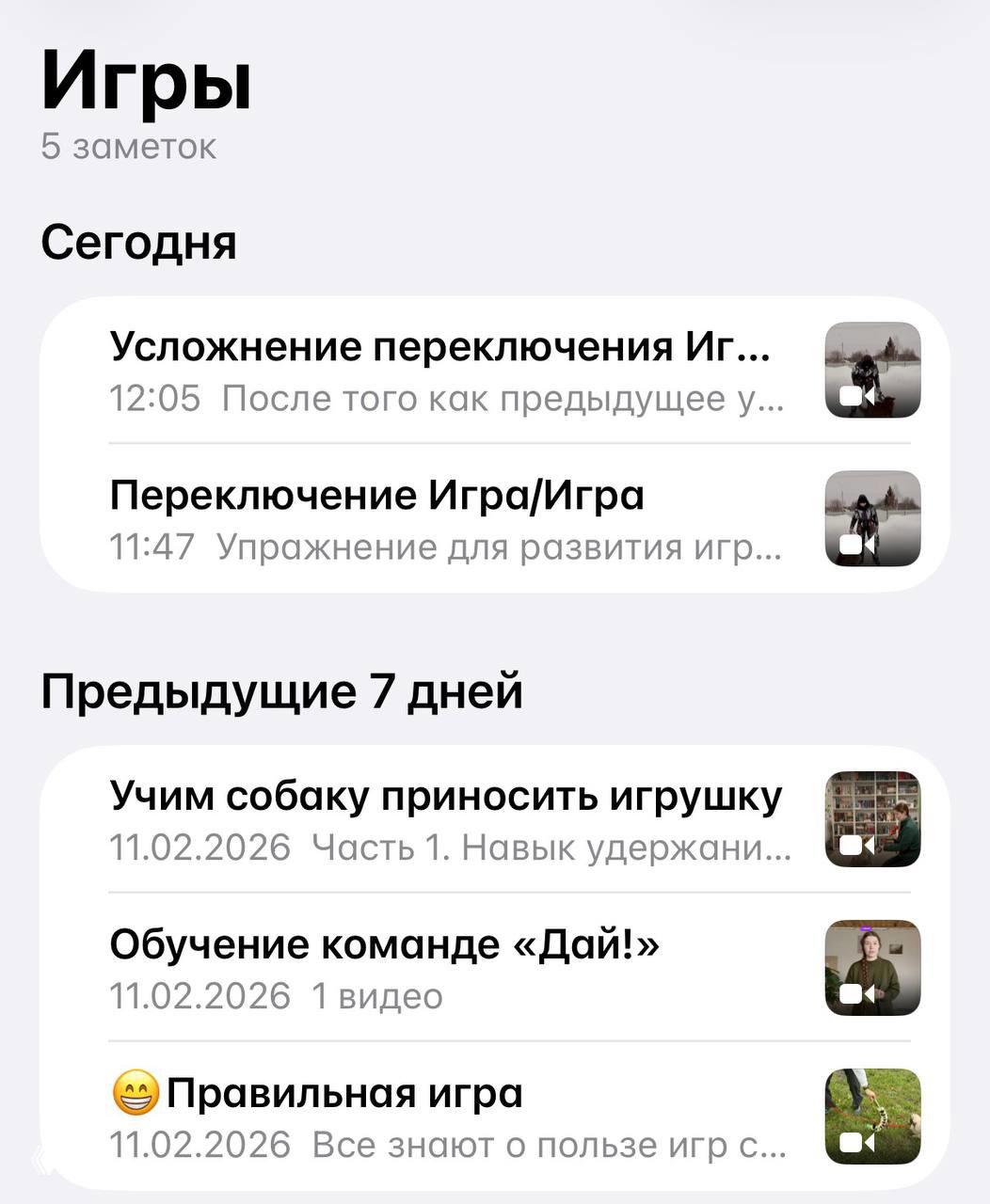 Скриншот раздела «Игры»: заметки с названиями упражнений, датами и маленькими превью — показ структуры тем и видеозаметок внутри архива.