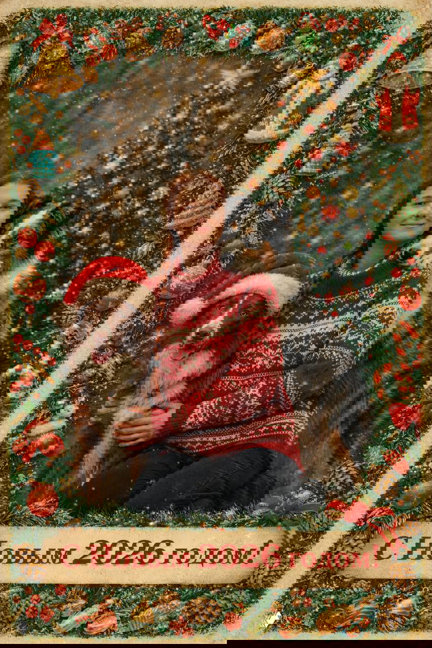 Та же сцена, преобразованная в советскую новогоднюю открытку 9:16: собаки в колпаке, человек в свитере, праздничная рамка и подпись «С Новым 2026 годом!»