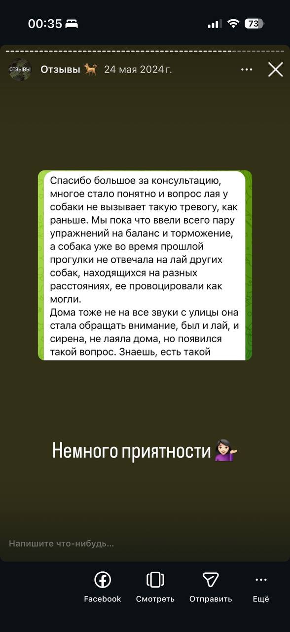 Скриншот истории с коротким сообщением о значительном прогрессе: клиент отмечает, что теперь спокойно проходит мимо агрессивных собак и держит дистанцию.