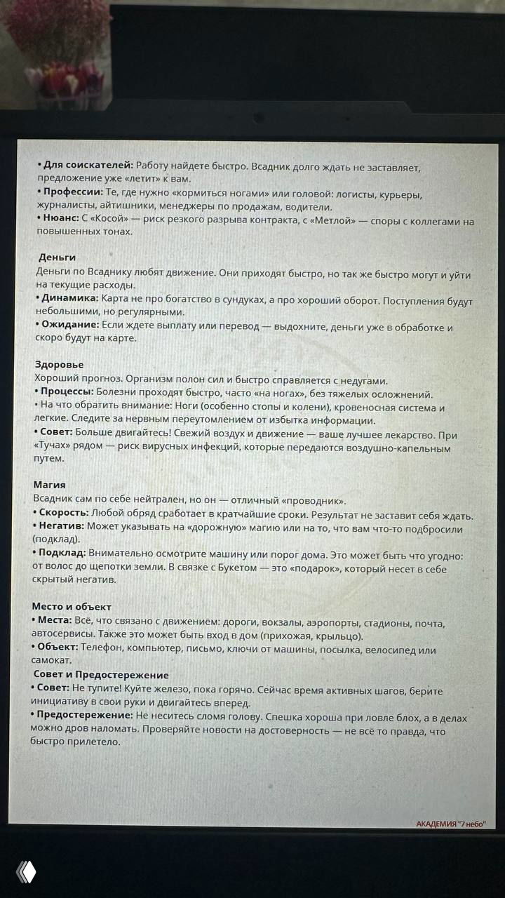 Фото третьей страницы мини‑книги: разделы про деньги, здоровье, магию, места и советы для карты «Всадник», виден краешек клавиатуры и цветок рядом.