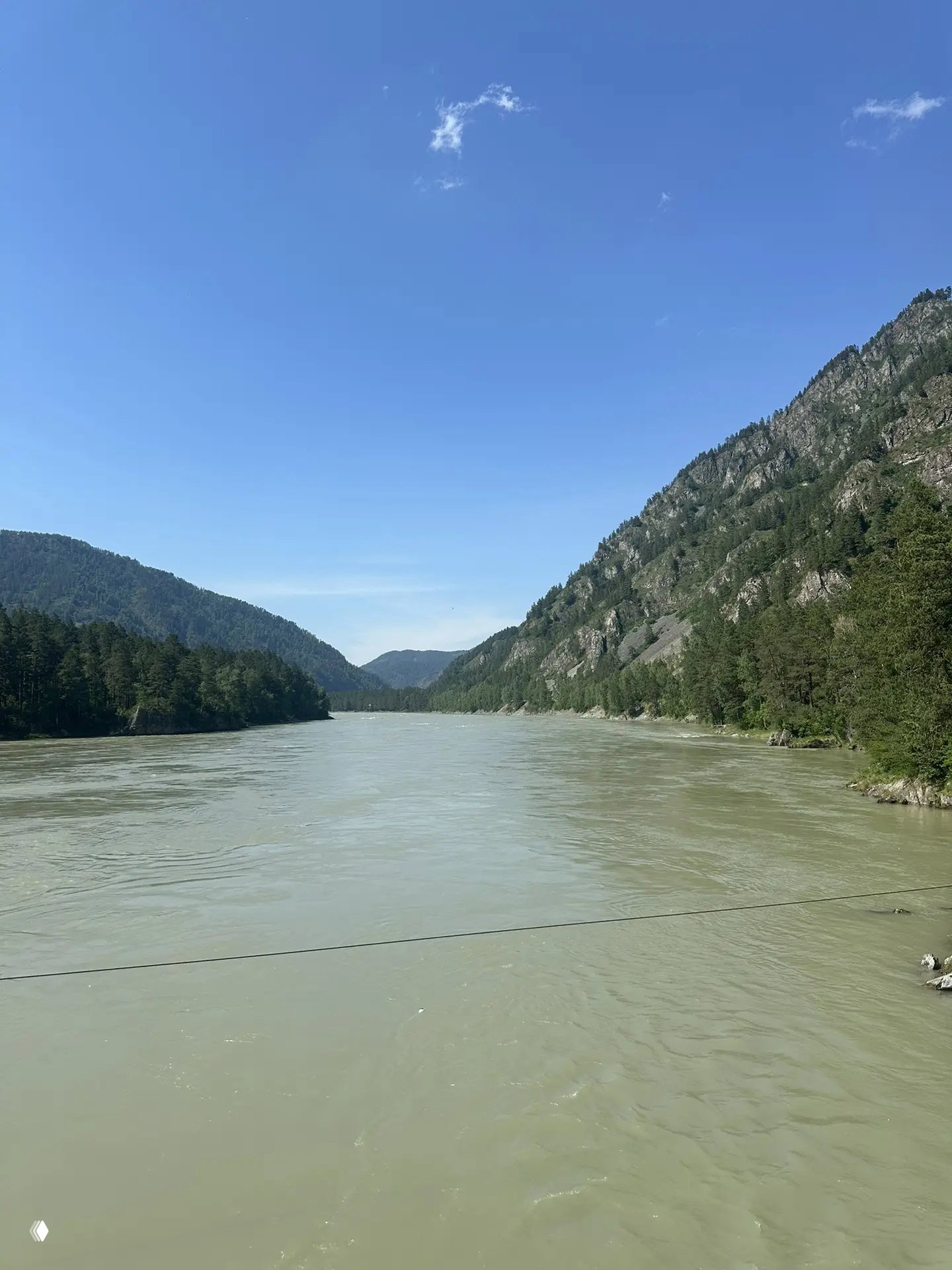 Широкая горная река в Алтае с мутноватой водой, окружённая лесистыми берегами и высокими скальными хребтами под ясным синим небом.