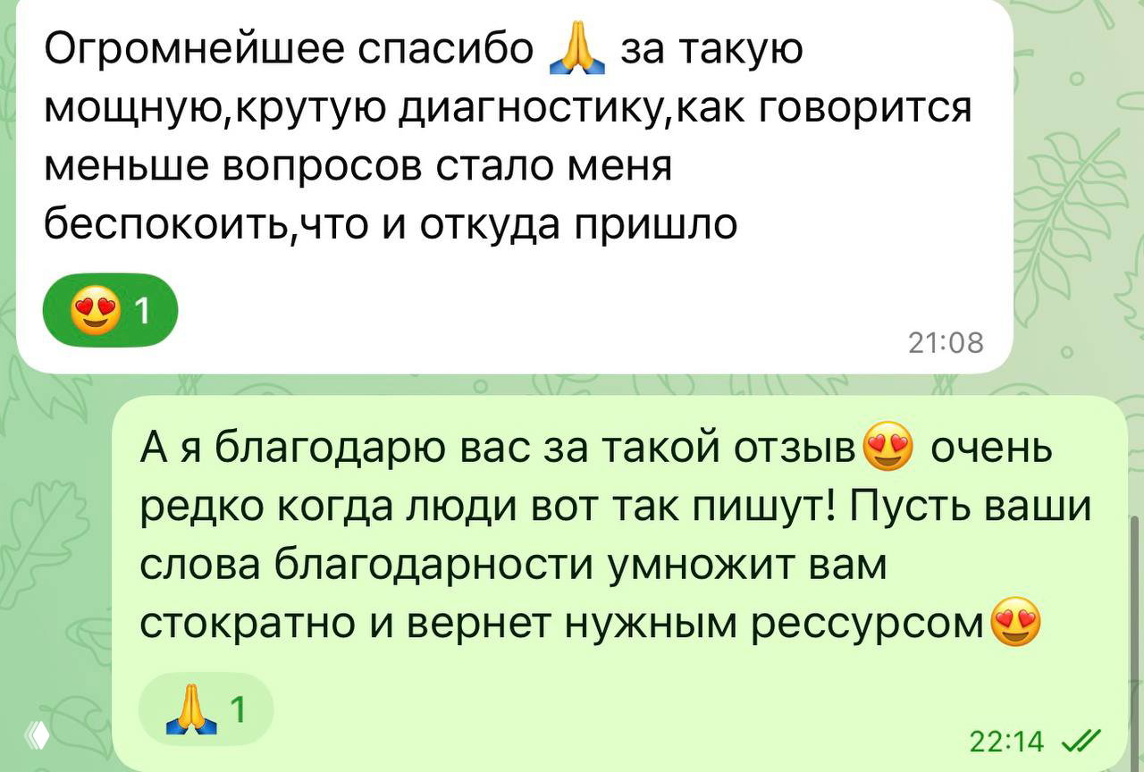 Скриншот переписки с благодарностью за мощную диагностику: клиент отмечает уменьшение вопросов, ясность причин и сильные эмоции после сессии.