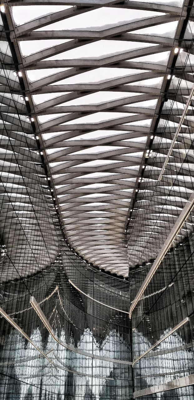 Высокий свод атриума с перекрестной конструкцией потолка и длинными линиями света, создающими ритм и перспективу вверх в пространстве.