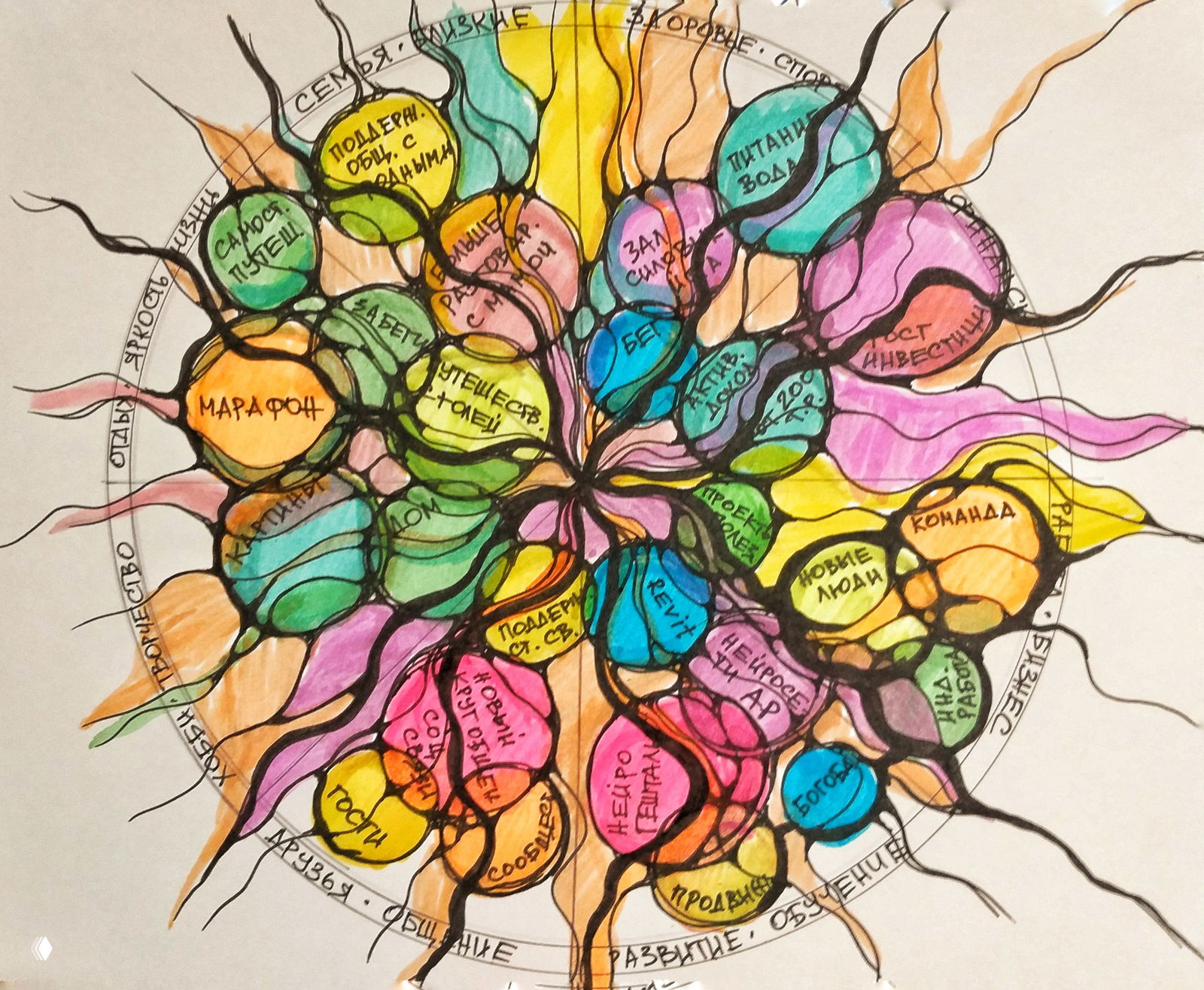 Радиальная диаграмма в нейрографике: концентрические зоны с разноцветными пузырями, подписи в каждой области, авторская линия-нерв как объединяющий элемент.