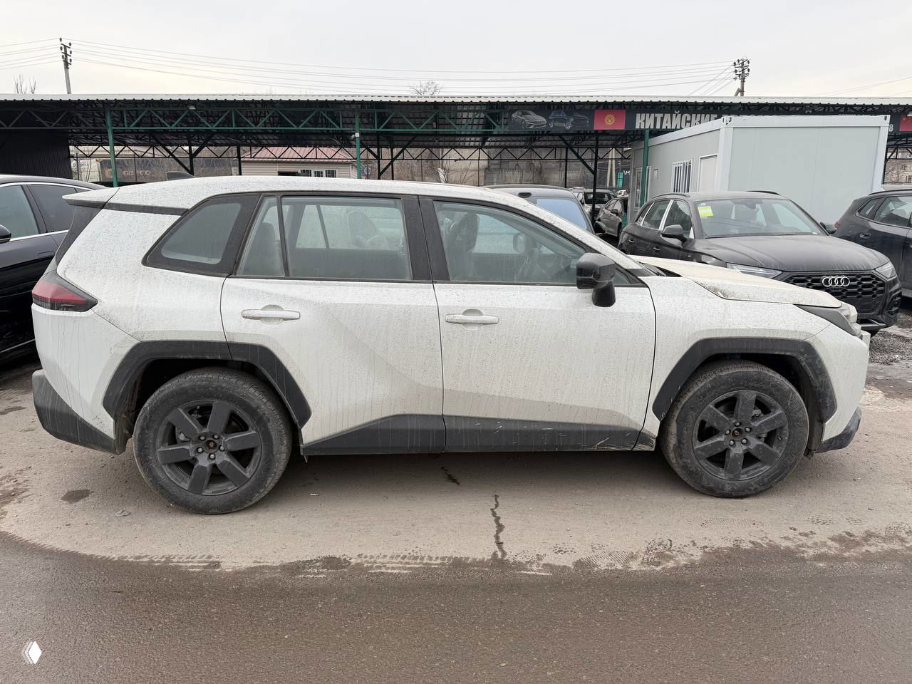 Боковой профиль белого Toyota RAV4, грязный кузов и колёса, автомобиль на стоянке рядом с другими машинами; вид подчёркивает форму порогов.