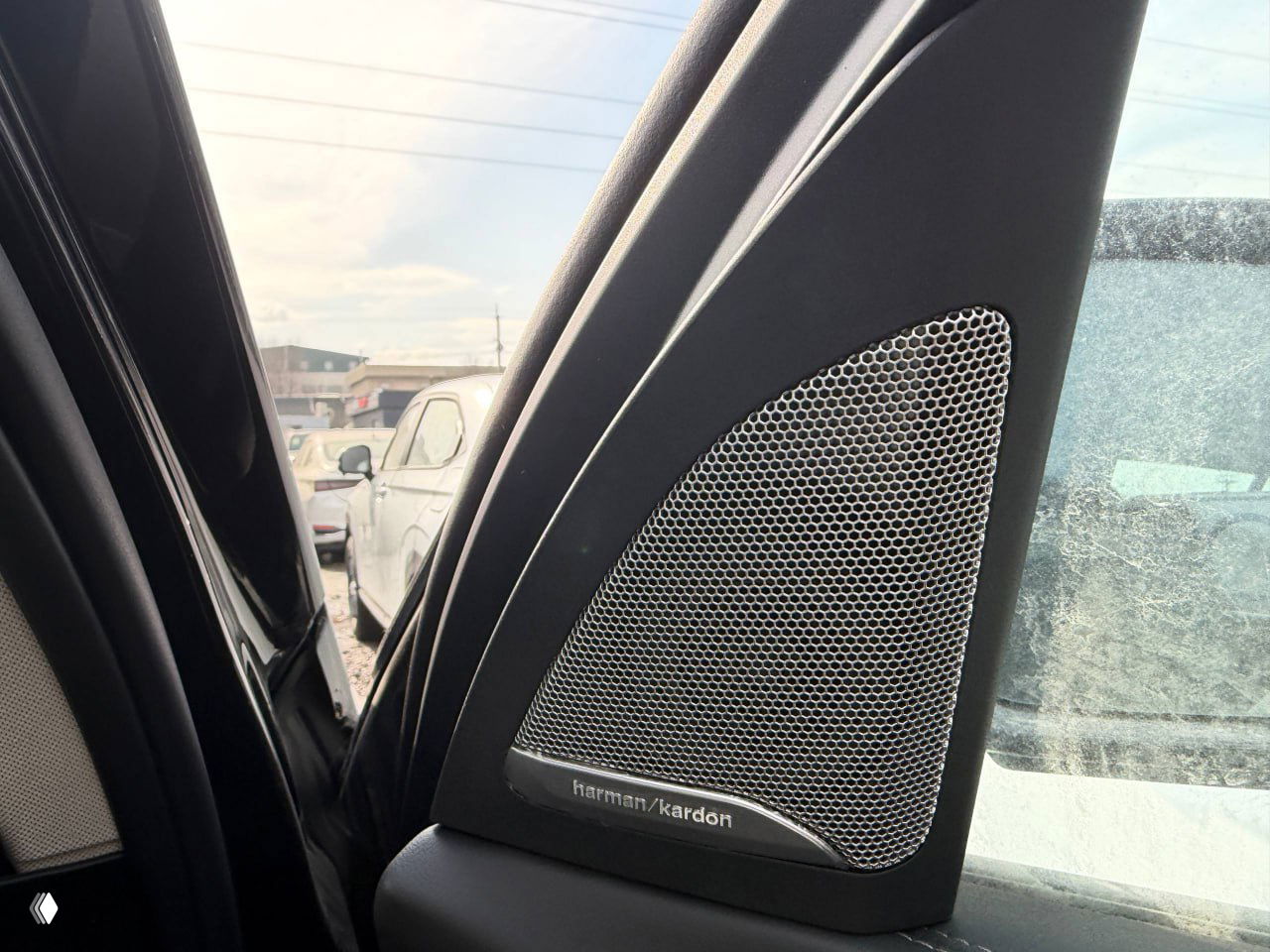 Деталь динамика Harman/Kardon в передней дверной стойке BMW X5, видна решётка динамика и часть бокового стекла с дорожной грязью.