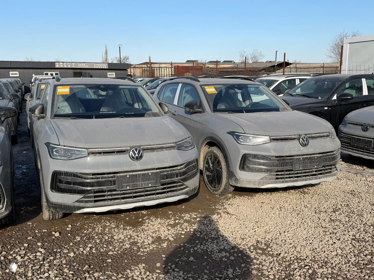 Два соседних Volkswagen Tharu на стоянке: фронтальный вид, светло‑серые кузова с грязевыми брызгами, видны черные диски и заводские наклейки.