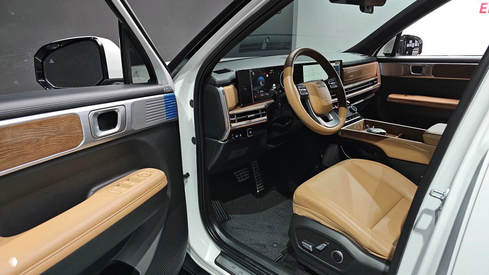 Открытая передняя дверь и водительское место белого Hyundai Santa Fe; видно панель дверей, отделку и часть сиденья коричневого цвета.