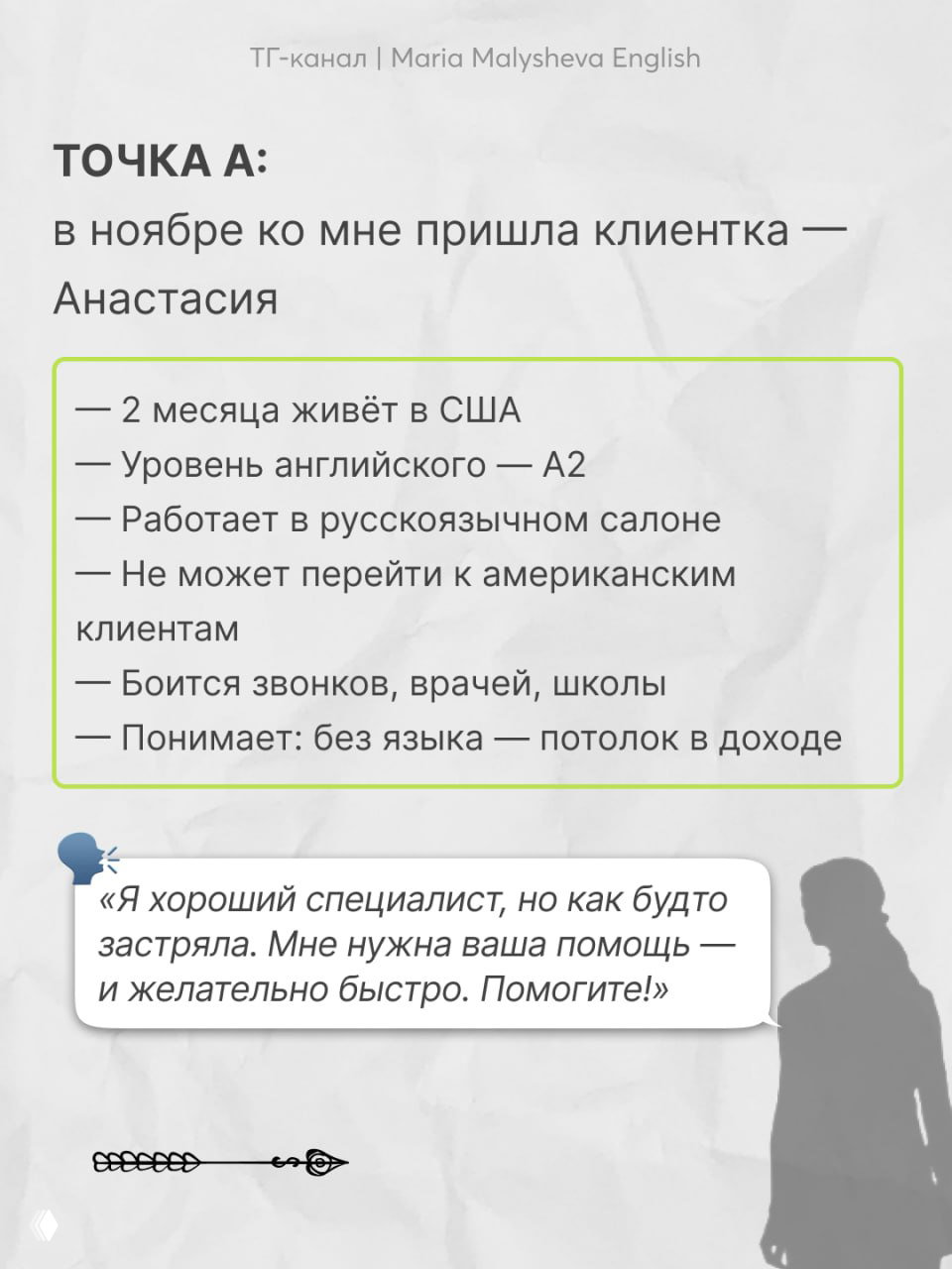 Слайд «Точка А»: перечисление состояния клиентки Анастасии после переезда — A2, страх звонков, работа в русскоязычном салоне, визуальная тень человека справа.