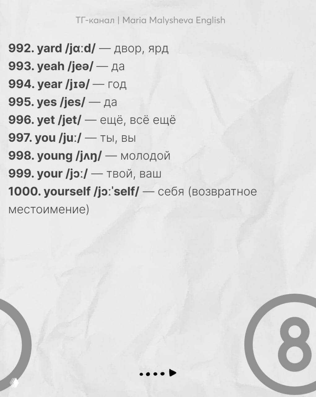 Слайд со словами 992–1000: завершение подборки, включая слова вроде "you", "your", "yourself" с транскрипциями и переводами.