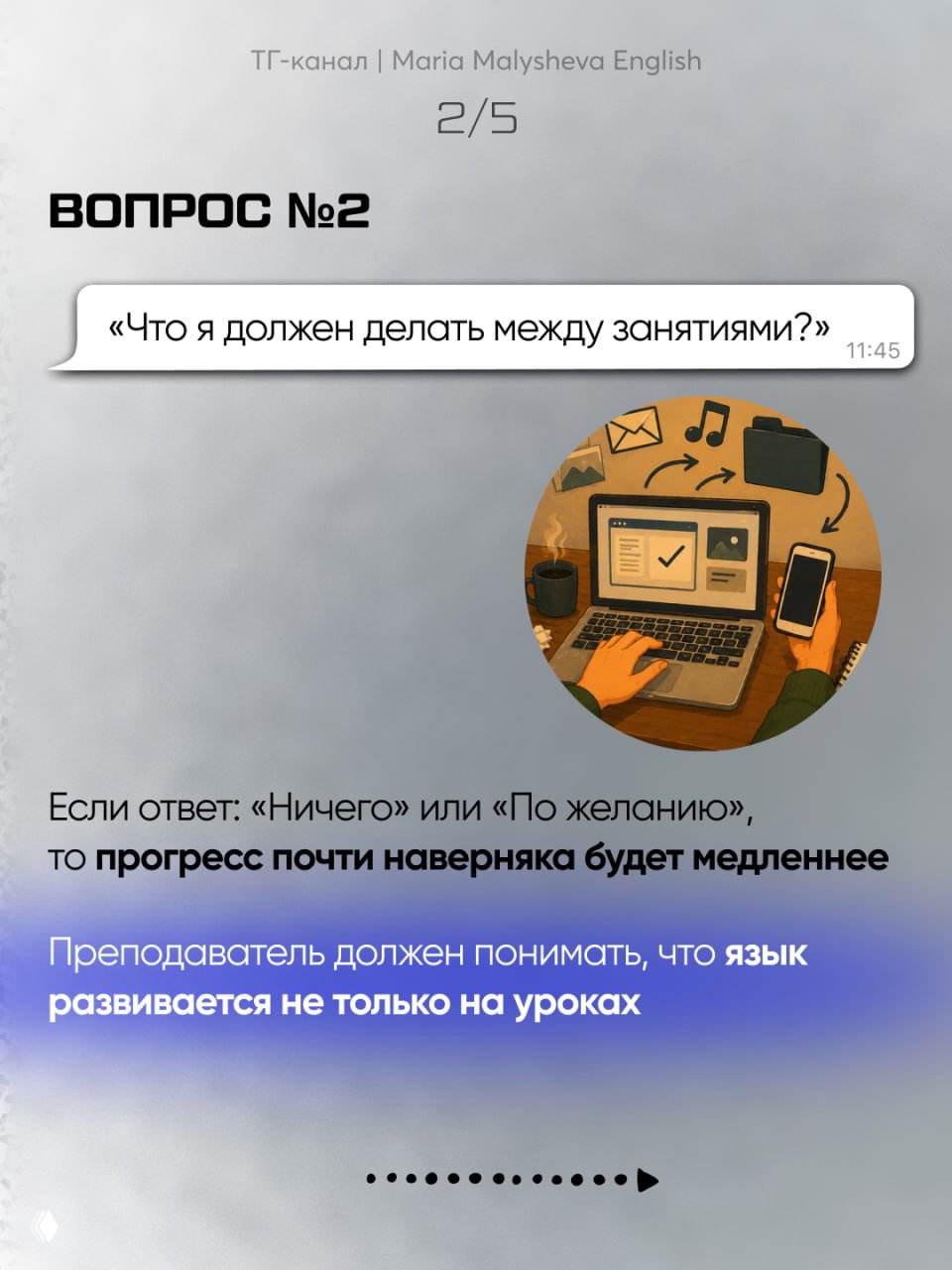 Слайд «Вопрос №2»: облачко с вопросом «Что я должен делать между занятиями?» и иллюстрация рабочего стола с ноутбуком, телефоном и заметками — о самостоятельной работе между уроками.