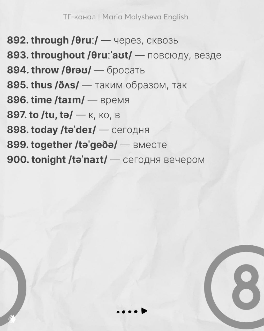 Слайд с словами 892–900: through, throughout, throw, time, together, tonight — распространённая лексика для разговорной речи с переводами.