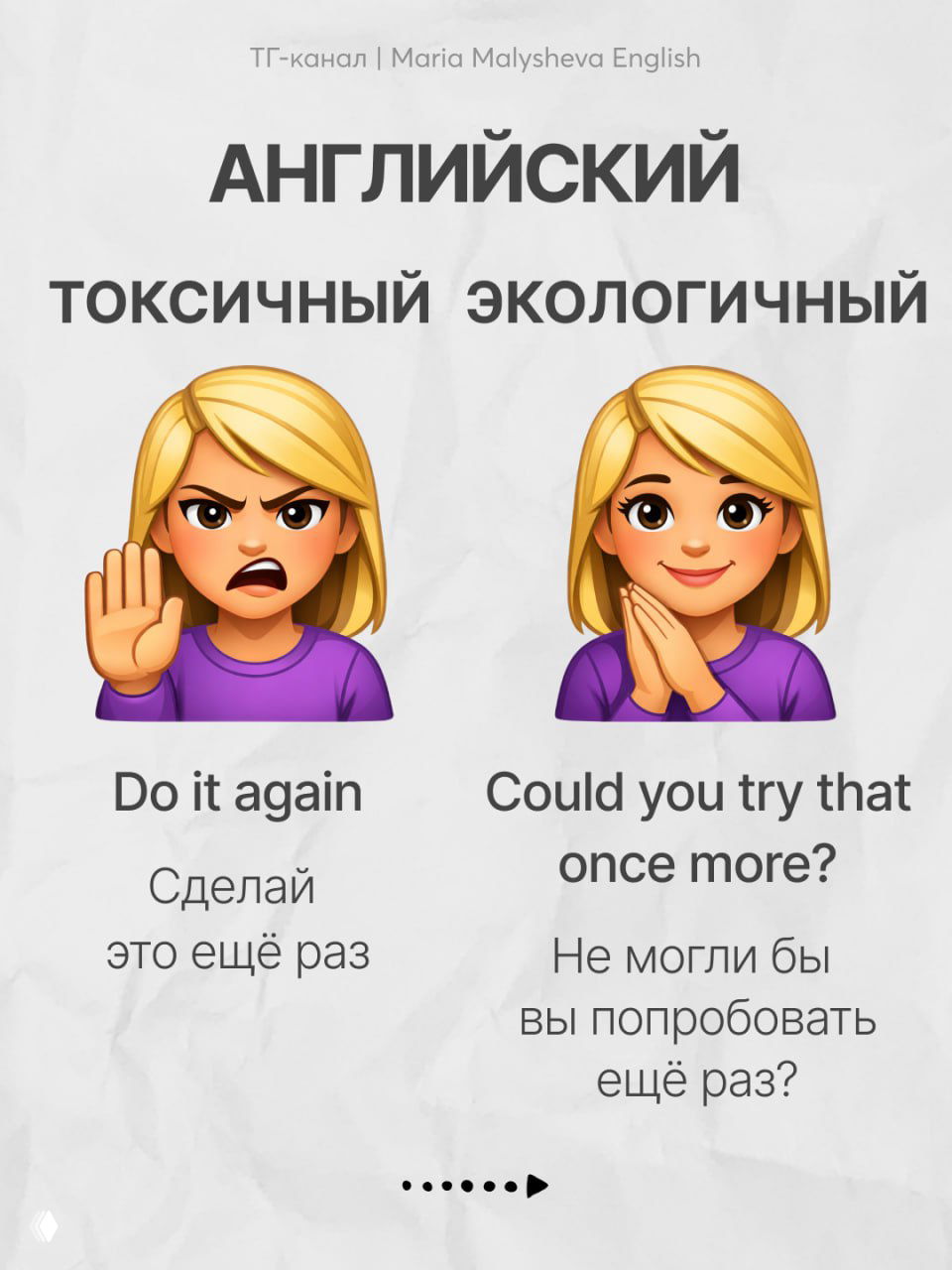 Слайд с вариантами: команды и просьбы в двух стилях — резком и вежливом, на английском с русскими пояснениями под фразами.